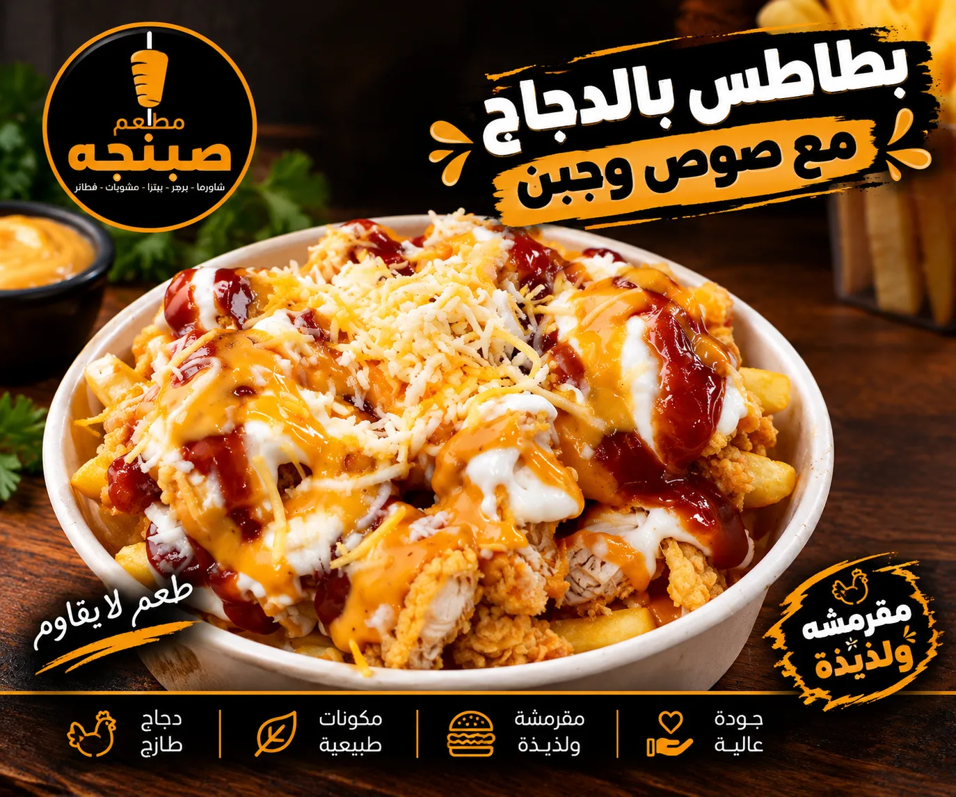 بطاطس دجاج مع صوص وجبن